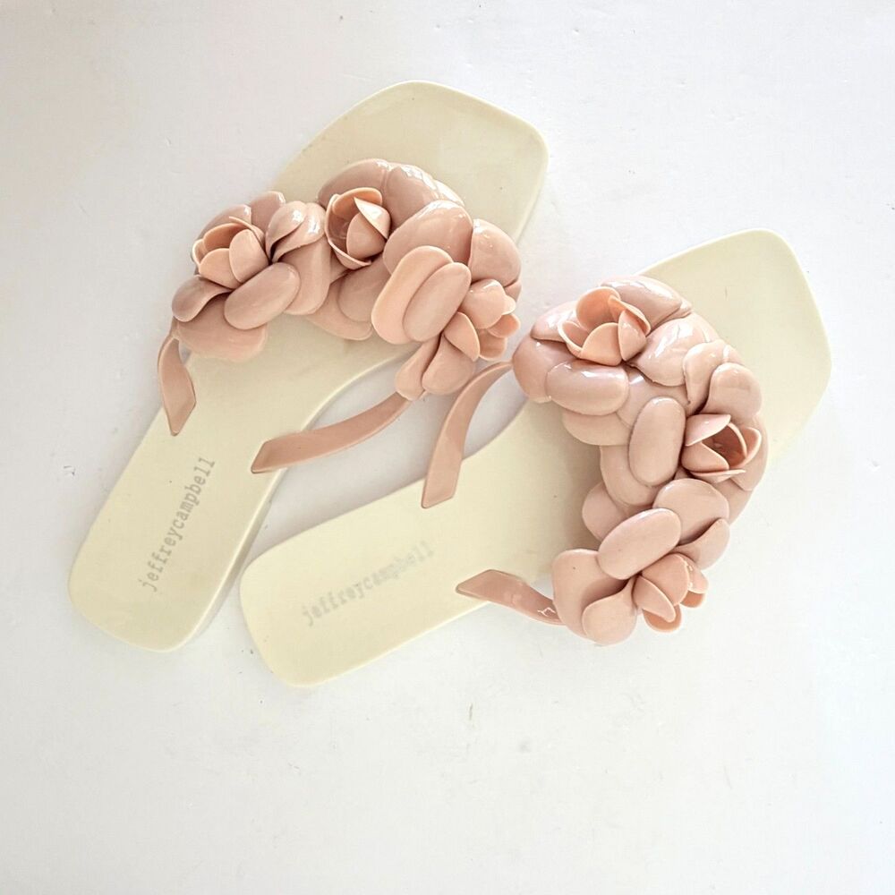 Jeffrey Campbell Fleuris Jelly Flip Flops, 9 Pink & White 3D Floral Sandals